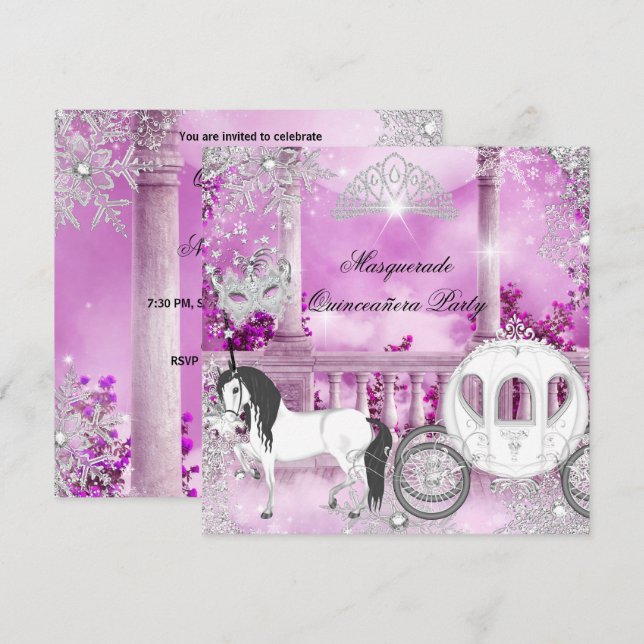 Convite Quinceanera Magia Princesa Rosa Carruagem (Frente/Verso)