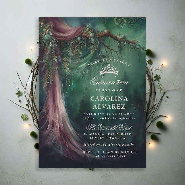 Convite Quinceañera Mágica de Fairytale Florestal Encantad (enchanted forest quinceanera emerald green mauve purple veil woodland fairy tale faerie magic invite)