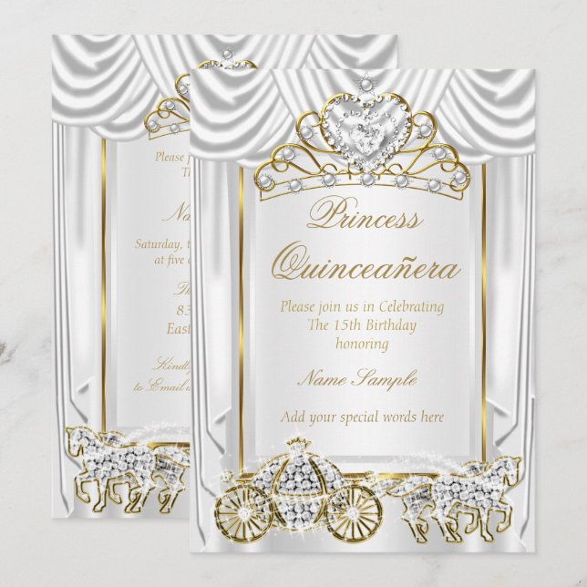Convite Quinceanera Mágica Ouro Branco (Frente/Verso)