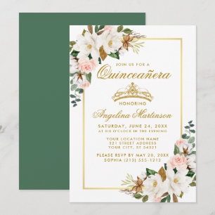 Convite Quinceanera Magnolia Rosa Verde Dourado Floral