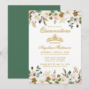 Convite Quinceanera Magnolias Rosas Verde Floral