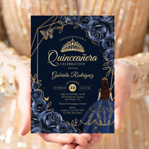 Convite Quinceanera Marinho Azul Borboleta Dourada Vestido