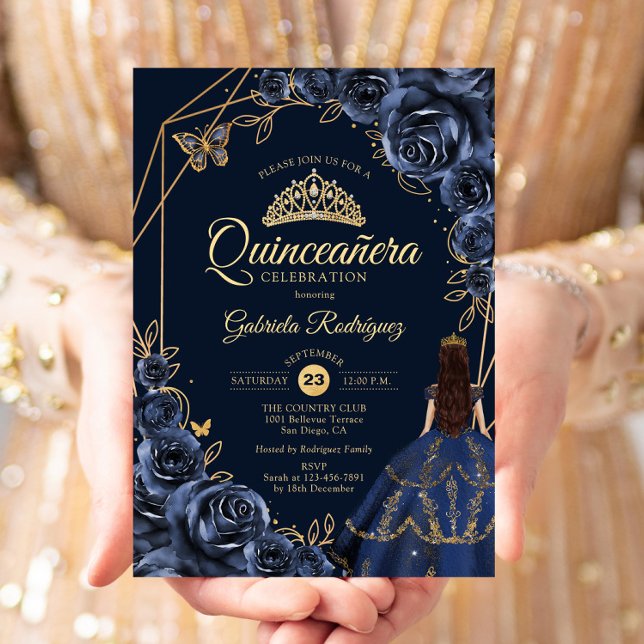 Convite Quinceanera Marinho Azul Borboleta Dourada Vestido (Criador carregado)