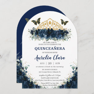 Convite Quinceañera Marinho Azul Borboletas Florais Coroa