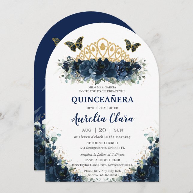 Convite Quinceañera Marinho Azul Borboletas Florais Coroa (Frente/Verso)
