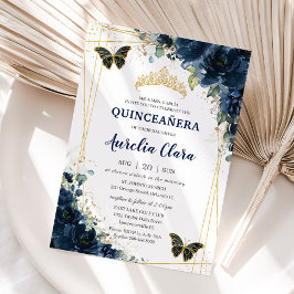 Convite Quinceañera Marinho Azul Borboletas Florais Coroa