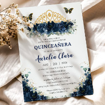 Quinceañera Marinho Azul Borboletas Florais Coroa