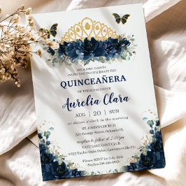 Convite Quinceañera Marinho Azul Borboletas Florais Coroa