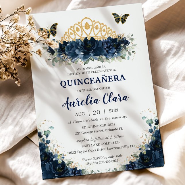 Convite Quinceañera Marinho Azul Borboletas Florais Coroa (Criador carregado)