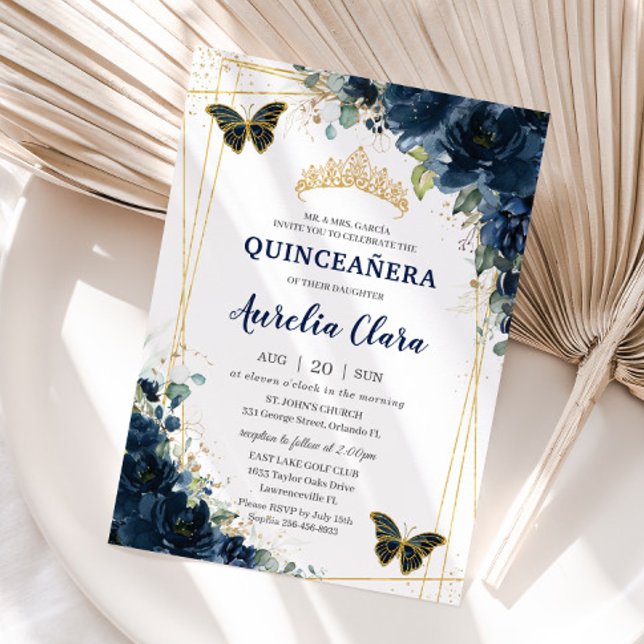 Convite Quinceañera Marinho Azul Borboletas Florais Coroa (Criador carregado)