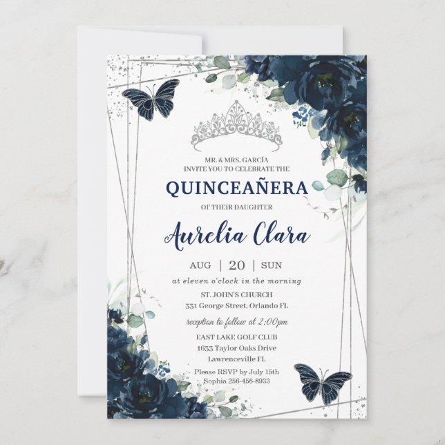 Convite Quinceañera Marinho Azul Borboletas Florais Prata (Frente)