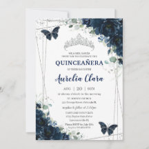 Quinceañera Marinho Azul Borboletas Florais Prata