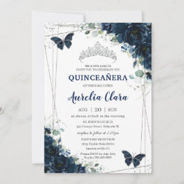 Convite Quinceañera Marinho Azul Borboletas Florais Prata