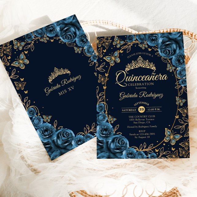 Convite Quinceanera marinho Azul Dourado (Criador carregado)
