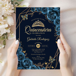 Convite Quinceanera Marinho Azul Dourado Floral