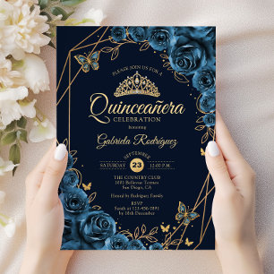 Convite Quinceanera Marinho Azul Dourado Floral