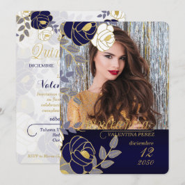 Convite Quinceanera marinho Azul Floral Espanhola com Foto