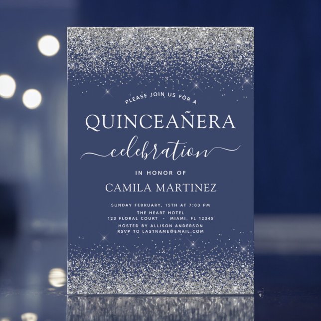 Convite Quinceanera Marinho Azul Prata Moderna (Criador carregado)