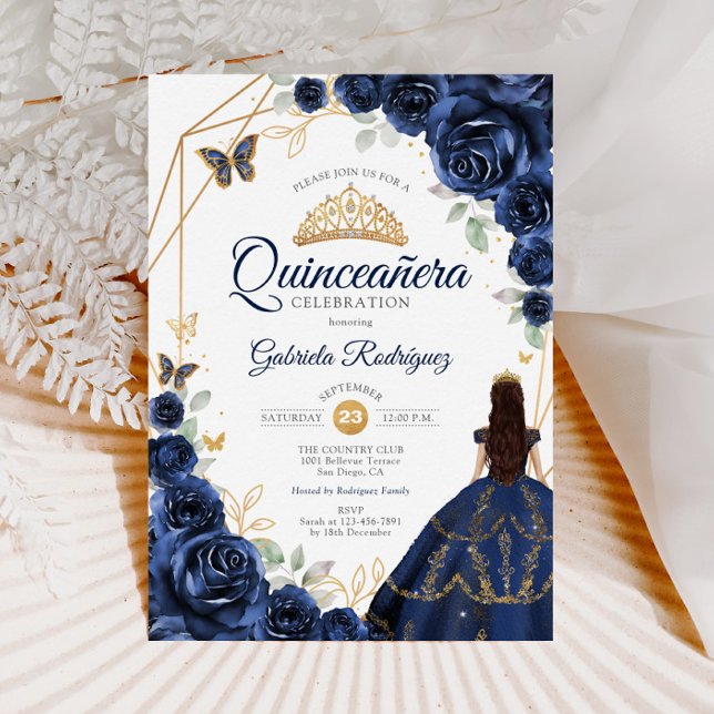 Convite Quinceanera Marinho Azul Vestido Floral Dourado (Criador carregado)