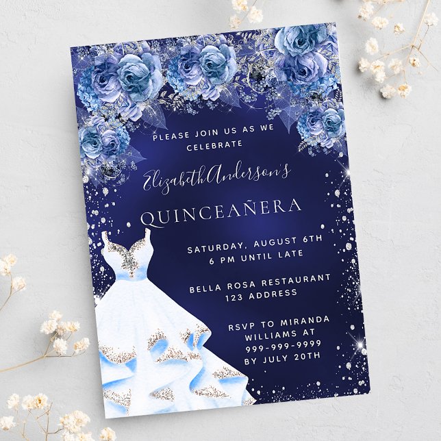 Convite Quinceanera marinho azul vestido floral glamoroso (Criador carregado)