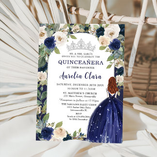Convite Quinceañera Marinho Blue Floral Princesa Aniversár