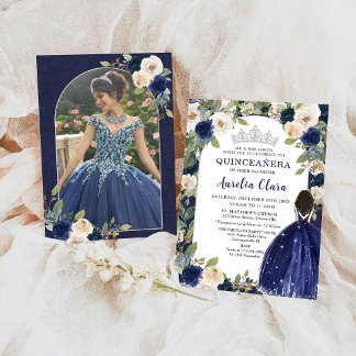 Convite Quinceañera Marinho Blue Floral Princesa Aniversár