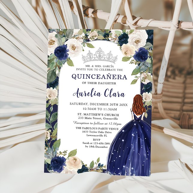 Convite Quinceañera Marinho Blue Floral Princesa Aniversár (Criador carregado)