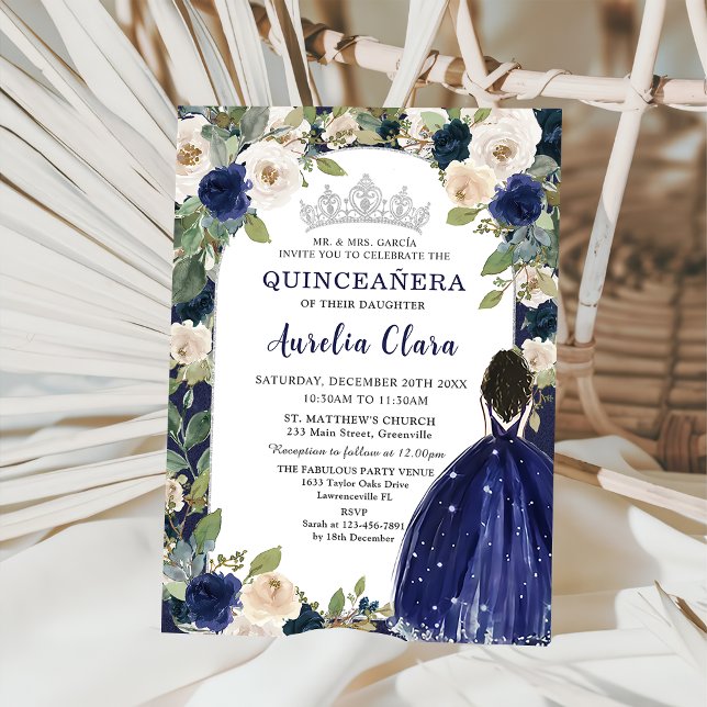 Convite Quinceañera Marinho Blue Floral Princesa Aniversár (Criador carregado)