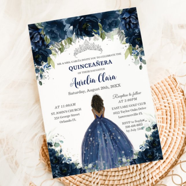 Convite Quinceañera Marinho Blue Floral Silver Brown Princ (Criador carregado)