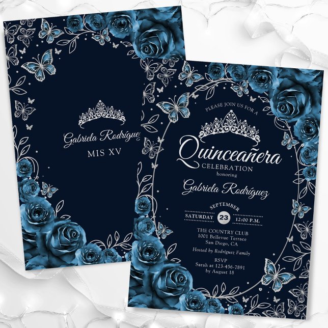 Convite Quinceanera marinho Blue Silver (Criador carregado)