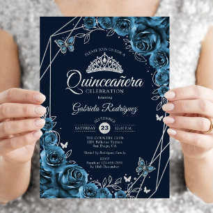 Convite Quinceanera Marinho Blue Silver Floral