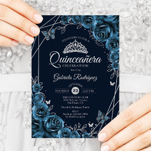 Convite Quinceanera Marinho Blue Silver Floral