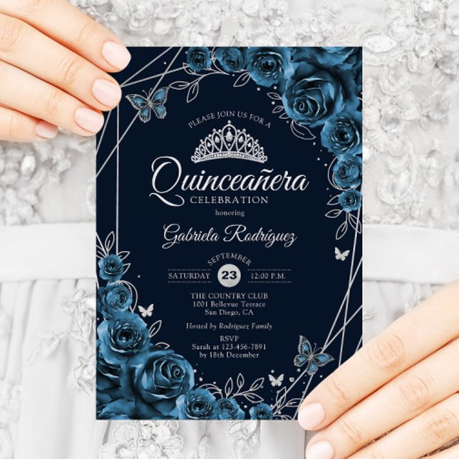 Convite Quinceanera Marinho Blue Silver Floral (Criador carregado)