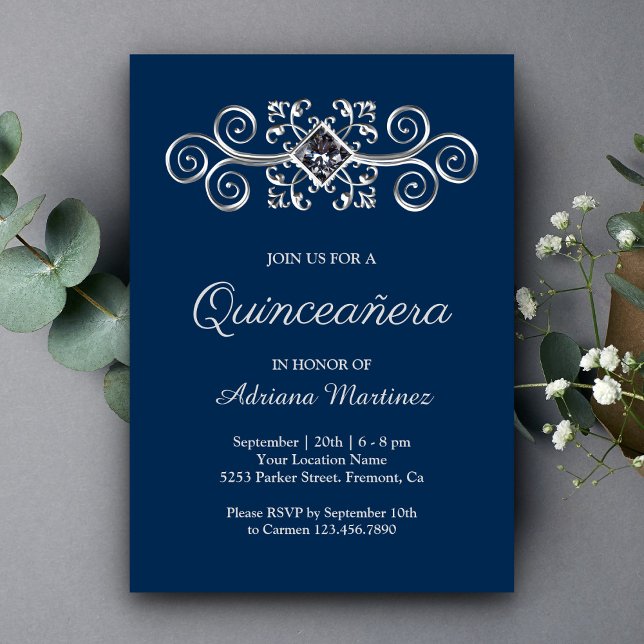 Convite Quinceanera marinho Blue Silver Floured Diamond (Criador carregado)
