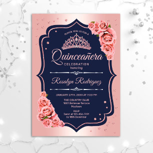Convite Quinceanera - Marinho Dourado Rosa