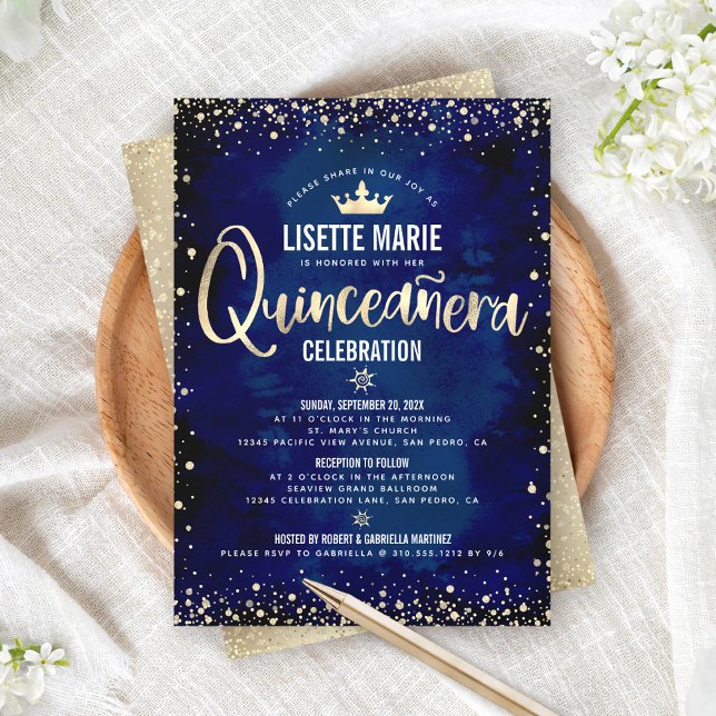 Convite Quinceañera Marinho Gold Foil Glitter Princesa Cor (Criador carregado)