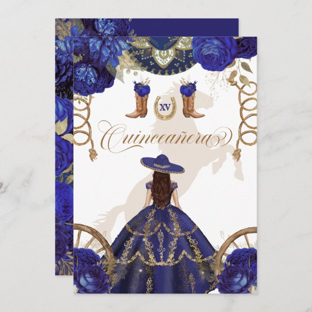 Convite Quinceanera marinho Real Azul Ocidental Charro 2 L (Frente/Verso)