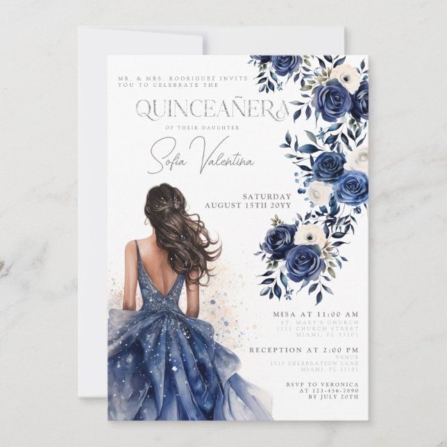 Convite Quinceañera Marinho Royal Blue Floral Gown (Frente)