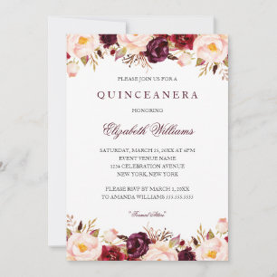 Convite Quinceanera Marsala Floral Vermelho Borgonha 15º
