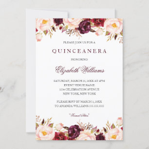 Convite Quinceanera Marsala Floral Vermelho Borgonha 15º