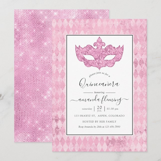 Convite Quinceañera Máscara de Carnaval Rosa Vintage (Frente/Verso)