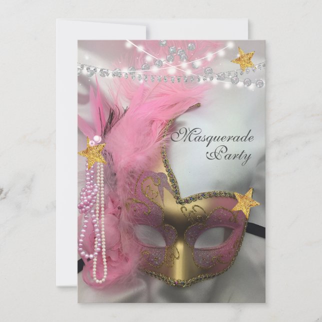Convite Quinceanera Máscara Dourado Brilho Pérolas Rosas (Frente)