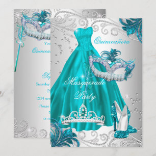 Convite Quinceanera Máscara Teal Vestido Prata Mascarada A