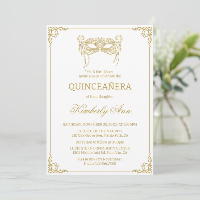 Convite quinceanera mascarada (Em pé/Frente)