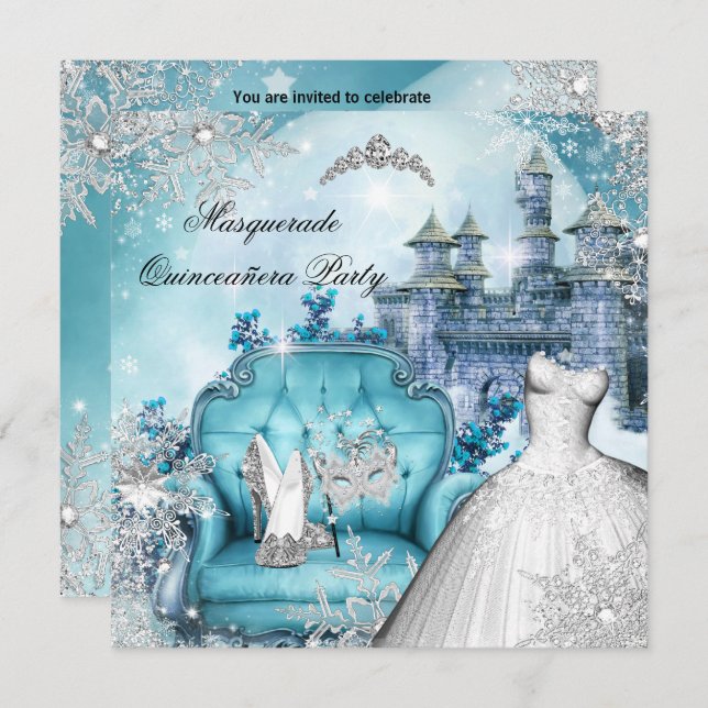 Convite Quinceanera Mascarada Magia Princesa Azul (Frente/Verso)