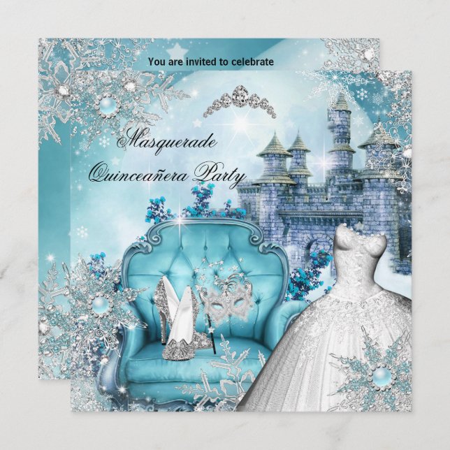 Convite Quinceanera Mascarada Magical Princess Blue 2 (Frente/Verso)