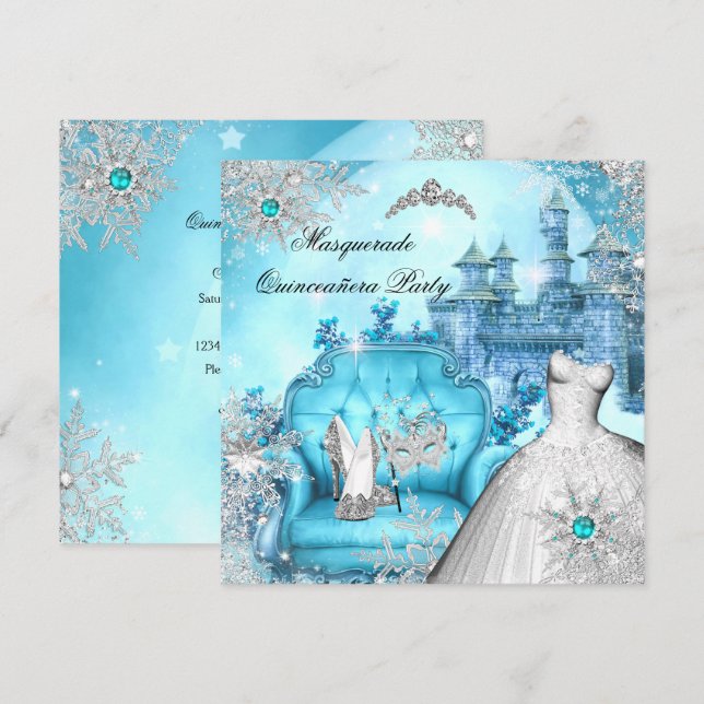 Convite Quinceanera Mascarada Magical Princess Blue Teal (Frente/Verso)
