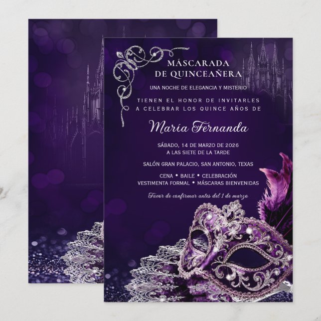 Convite Quinceañera Mascarada Morado Plata Elegante (Frente/Verso)