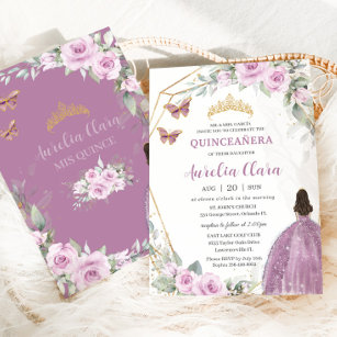 Convite Quinceañera Mauve Floral Butterfly Princesa Vestid