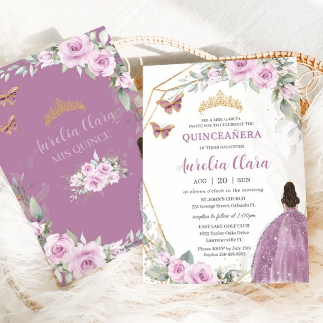 Convite Quinceañera Mauve Floral Butterfly Princesa Vestid (Criador carregado)